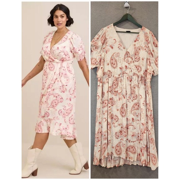 torrid Dresses & Skirts - Torrid Swiss Linen Surplice Midi Dress 2X Cream Soft Pink Floral Faux Wrap Lined